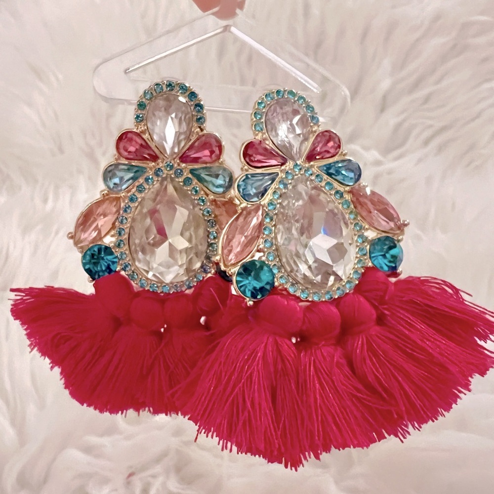 Hot Pink Multi Colored Tassel Stud Earrings